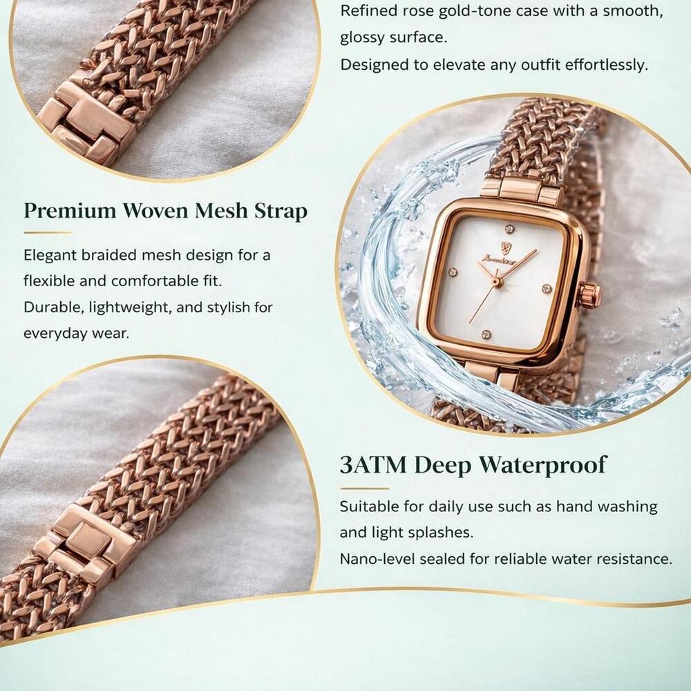 Women’s Rose Gold Square Watch White Dial Luxury Mesh Band Elegant Waterproof - Picture 6 of 6